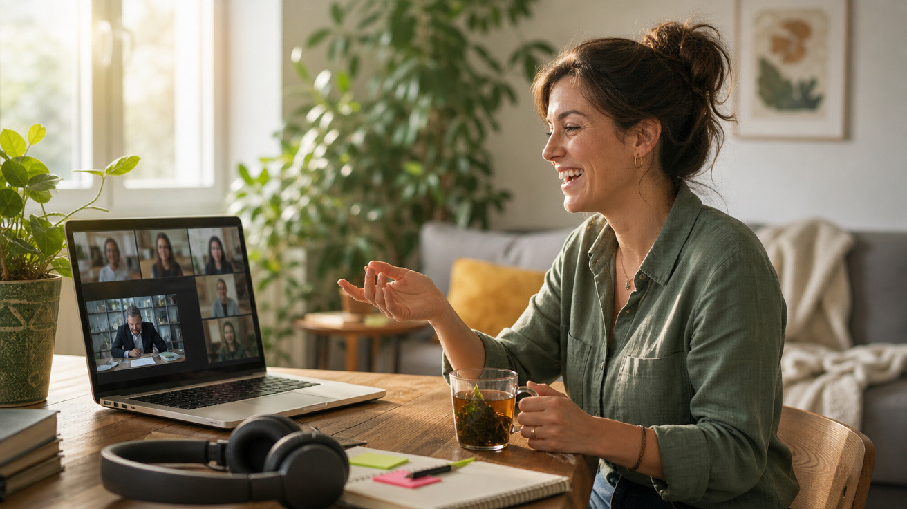 Mulher sorrindo participa de reunião virtual em laptop, com chá e fones de ouvido sobre mesa em ambiente aconchegante.