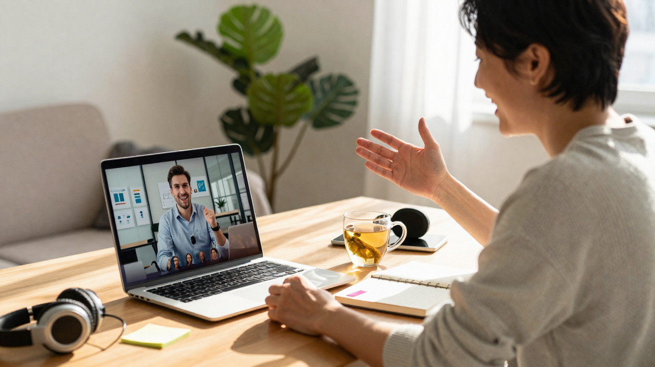 Pessoa em videoconferência feliz em laptop, sentada à mesa com chá, caderno e fones de ouvido.