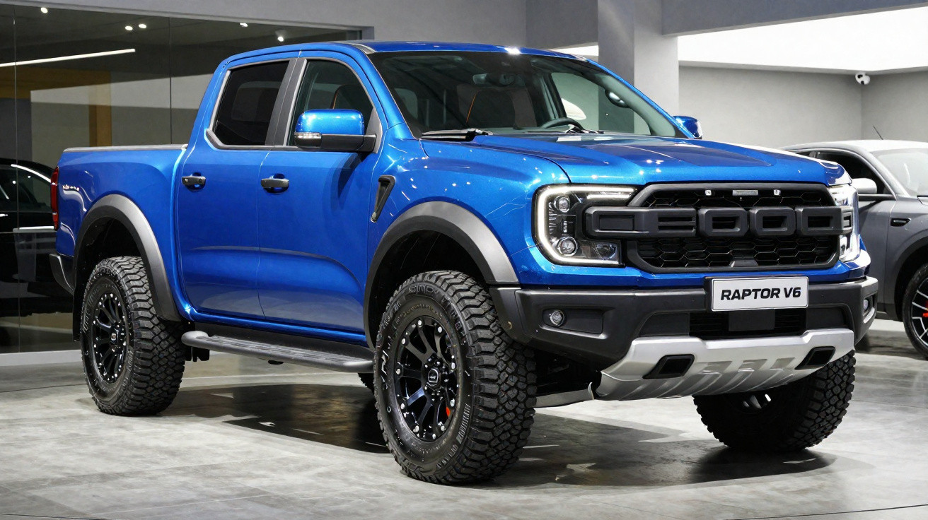 Picape azul Ford Raptor V6 estacionada em showroom com pneus off-road e detalhes pretos.