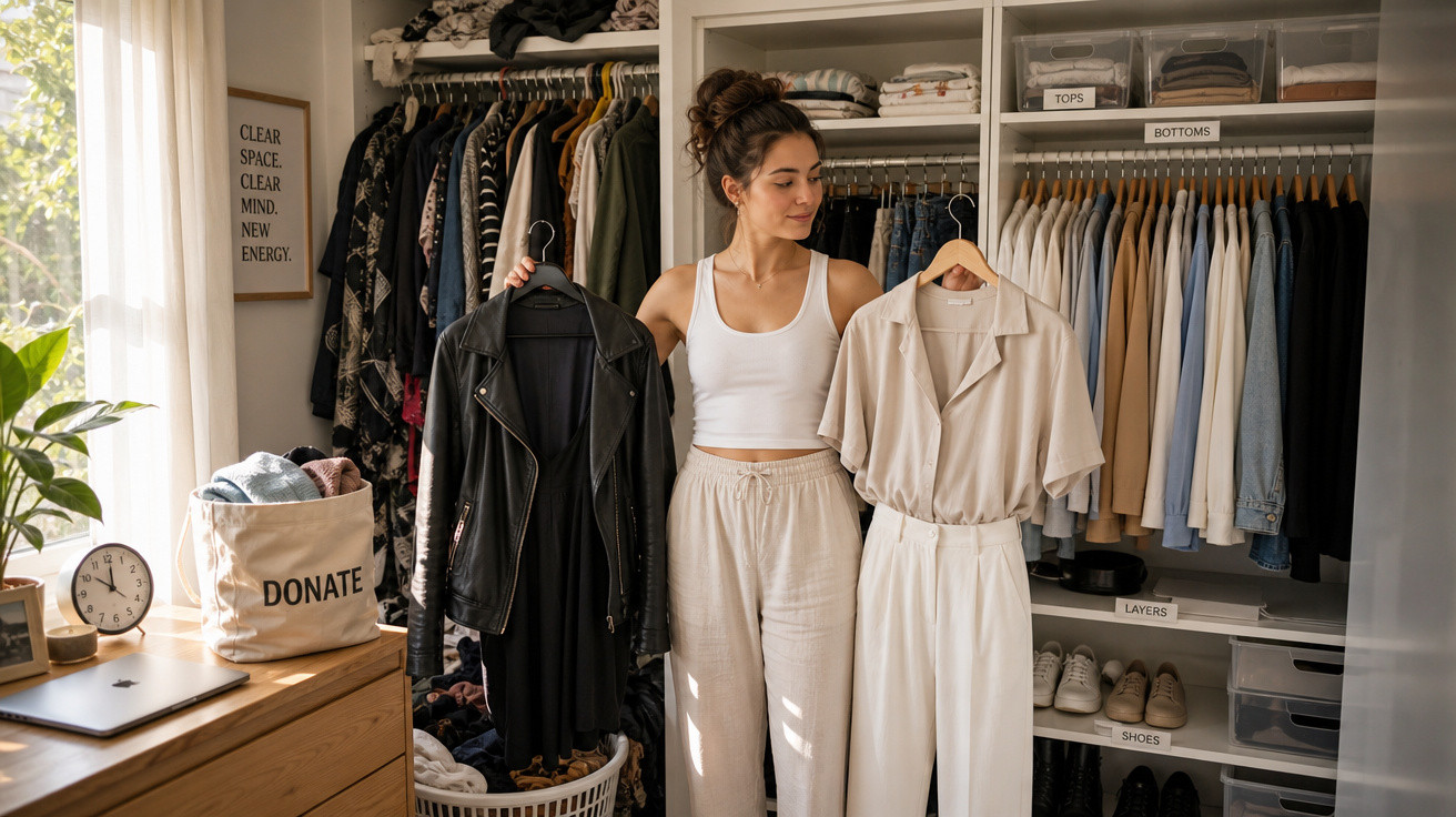 Mulher escolhe entre roupas preta e clara em closet organizado, ao lado de cesto para doação.