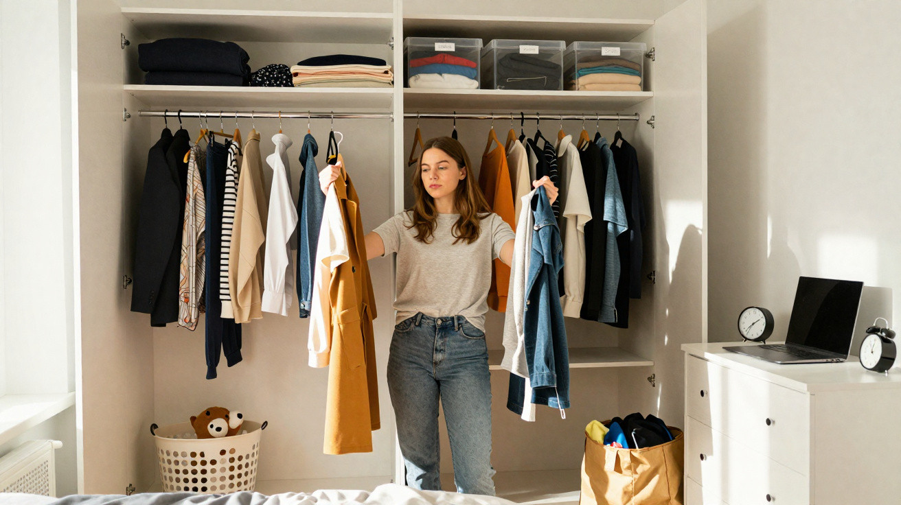 Mulher escolhendo roupas em guarda-roupa aberto em quarto iluminado com decoração minimalista.