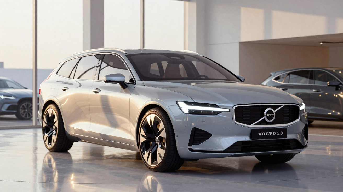 Carro Volvo prata modelo 2.0 estacionado em showroom moderno com piso refletivo.