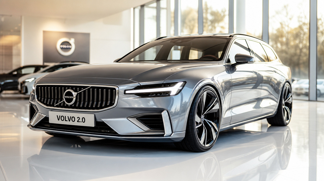 Carro Volvo 2.0 cinza metálico em exposição em showroom com iluminação natural e interior moderno.