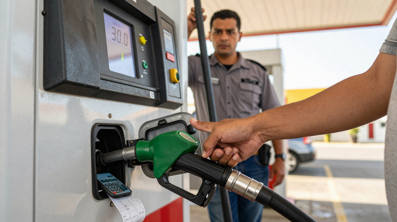 Pessoa usando bomba para abastecer veículo em posto de gasolina com funcionário ao fundo.