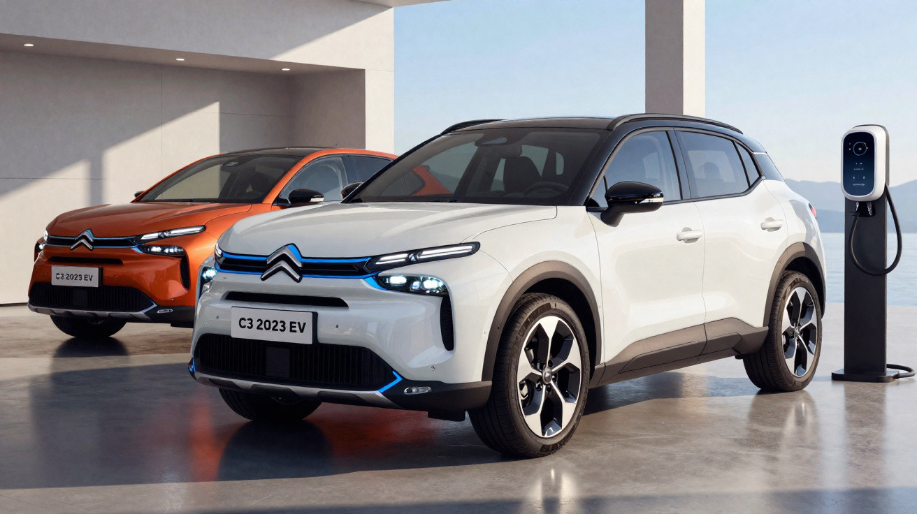 Dois carros elétricos Citroën C3 2023 EV, branco e laranja, estacionados próximos a um carregador elétrico.