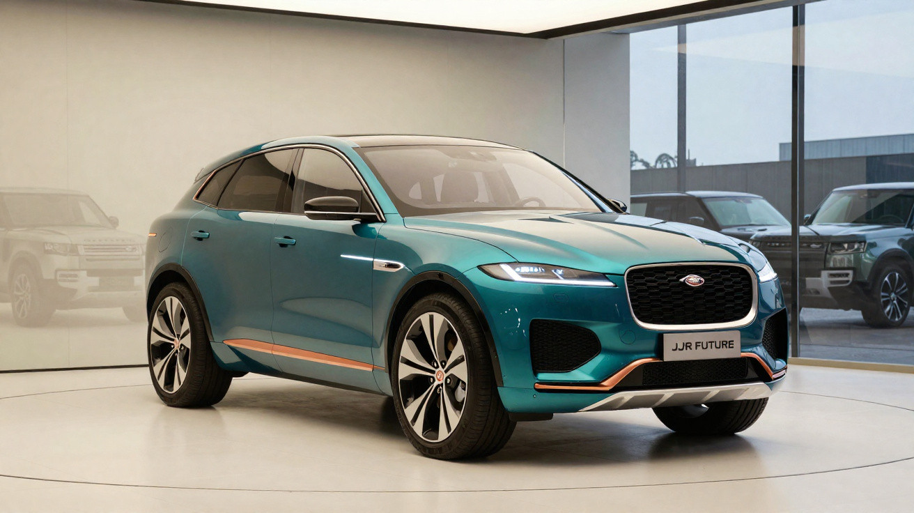 SUV elétrico verde com detalhes em cobre em ambiente moderno e iluminado com vidro ao fundo