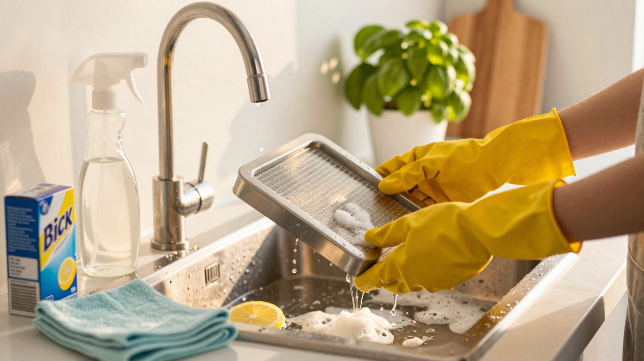 Pessoa com luvas amarelas lavando filtro de exaustor na pia da cozinha com detergente e esponja.