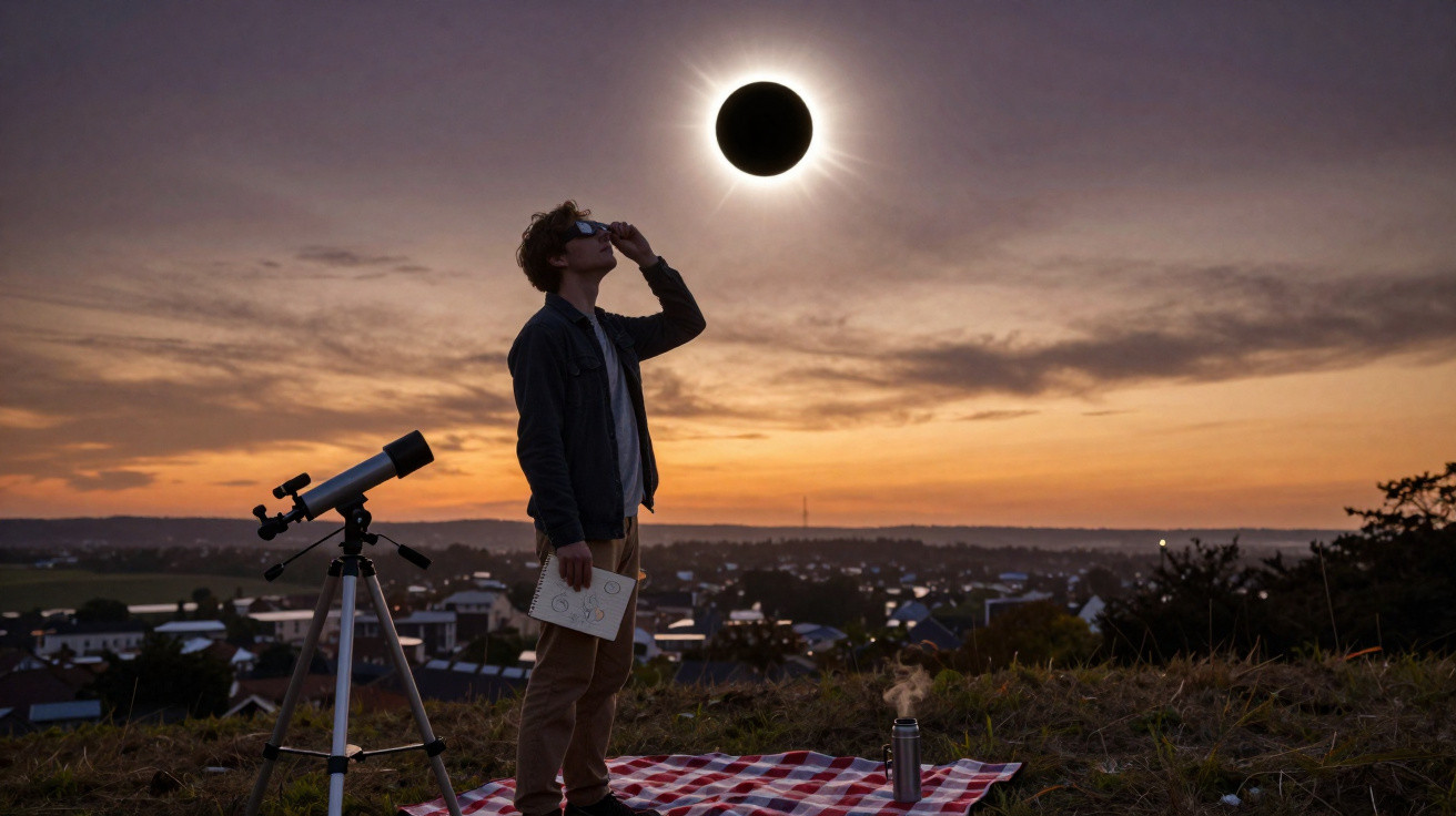 Pessoa observando eclipse solar com óculos especiais, ao lado de telescópio e manta em campo ao pôr do sol.