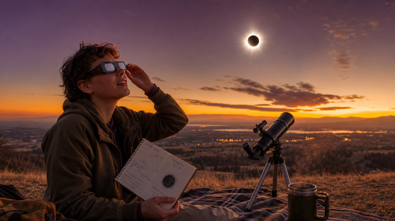 Pessoa observando eclipse solar com óculos especiais, segurando caderno de anotações, ao lado de telescópio ao pôr do sol.