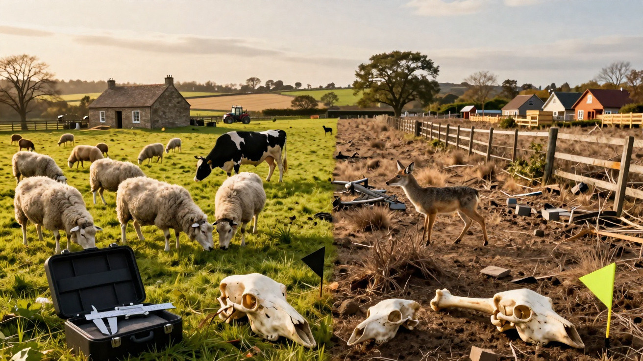 Campo verde com ovelhas e vaca, ao lado de terra seca com veado e esqueletos de animais.
