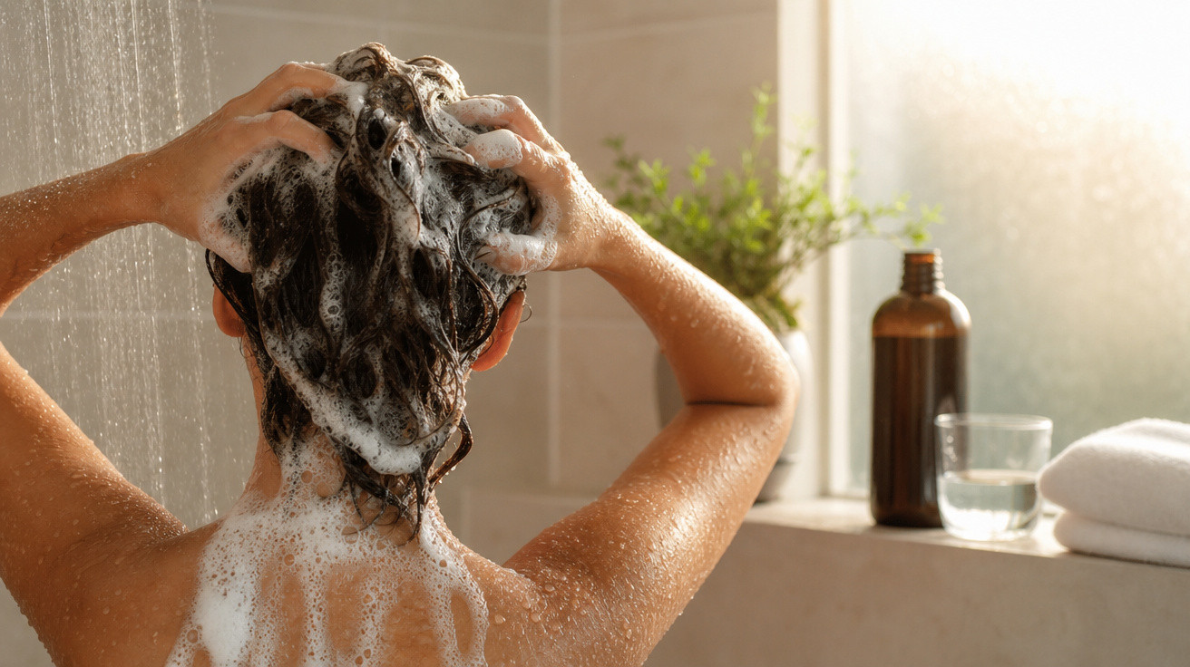 Pessoa lavando o cabelo com shampoo ensaboado no chuveiro, vista de costas em banheiro iluminado.
