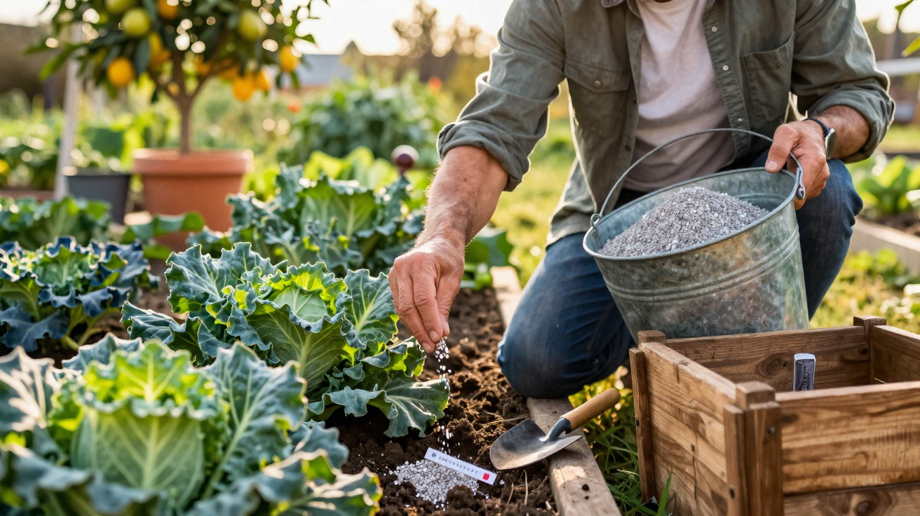 Pessoa fertilizando plantas verdes em uma horta ensolarada com balde de adubo e pá.