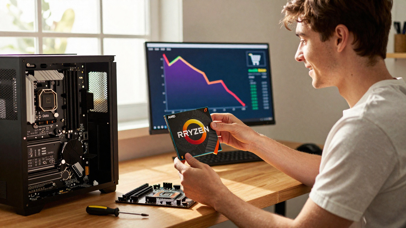 Jovem segurando processador AMD Ryzen próximo a gabinete de computador aberto em mesa de trabalho.