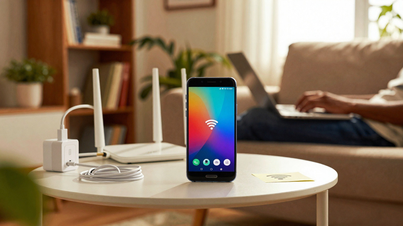 Smartphone mostrando ícone de Wi-Fi em mesa com roteador, carregador e pessoa ao fundo usando laptop.