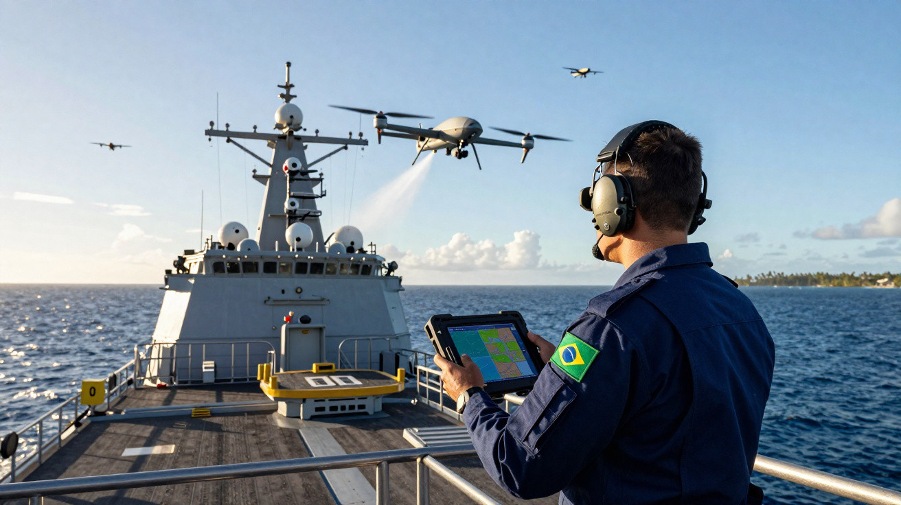 Marinheiro brasileiro operando drone com tablet em navio no mar durante dia ensolarado.