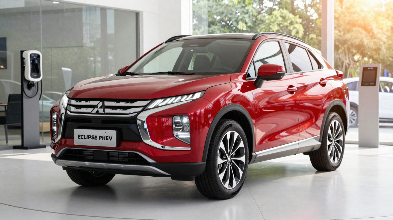 SUV vermelho Mitsubishi Eclipse PHEV estacionado em salão com estação de recarga elétrica.