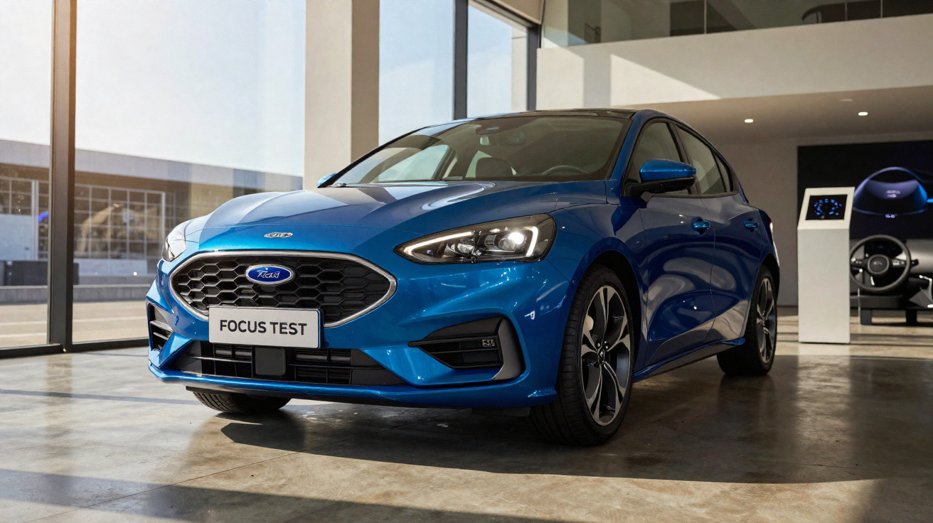 Carro azul Ford Focus Test estacionado em ambiente interno com grandes janelas e iluminação natural.