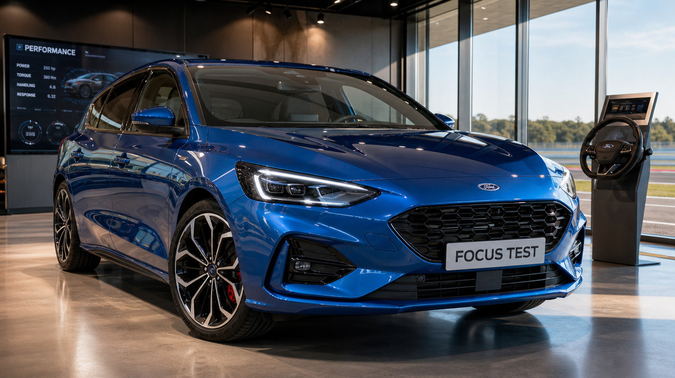 Carro azul Ford Focus Test em showroom moderno com parede de vidro e painel de desempenho.