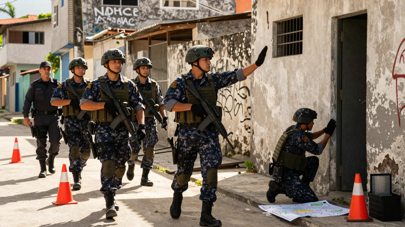 Equipe de policiais em operação tática revistando um imóvel em área urbana com grafites nas paredes.