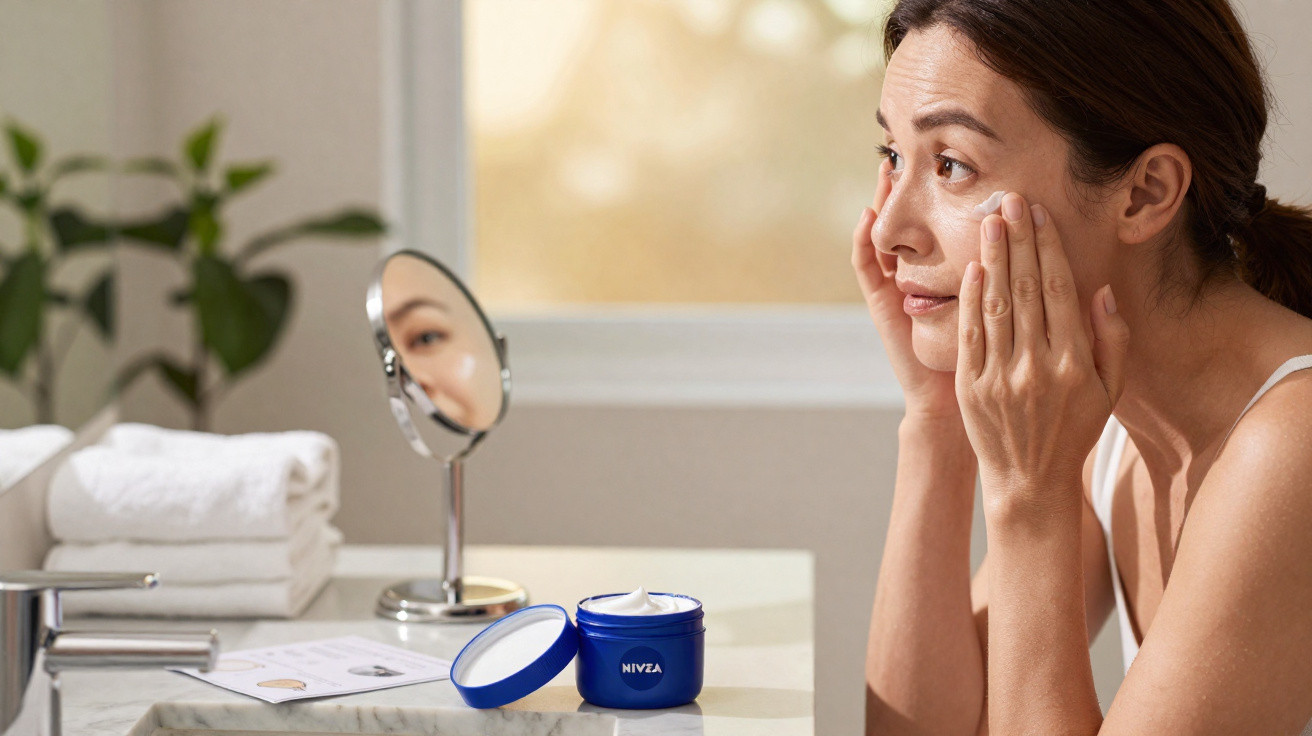 Mulher aplicando creme facial em frente ao espelho com pote azul de creme Nivea em bancada.