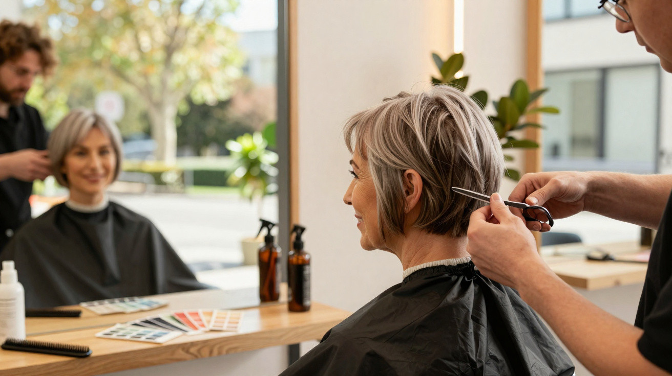 Mulher sorrindo enquanto corta o cabelo curto em salão de beleza com luz natural.
