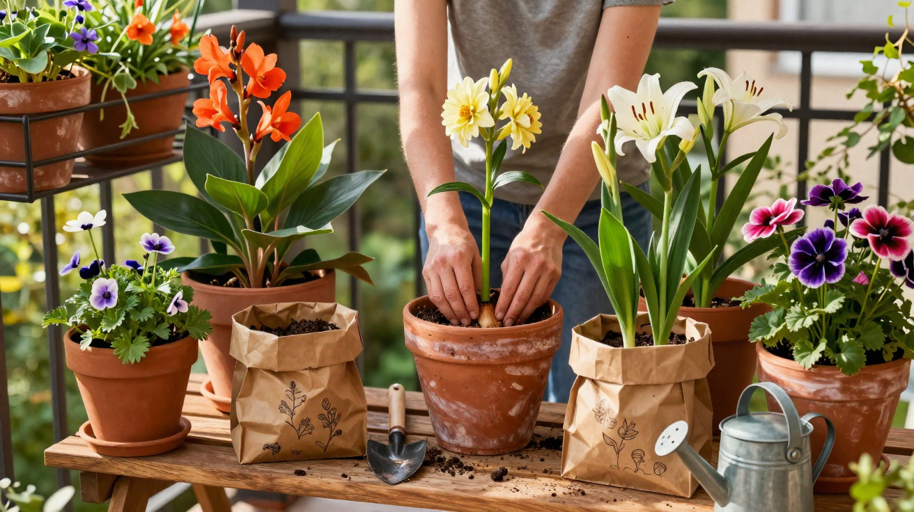 Pessoa plantando flores em vaso de barro sobre mesa com regador e sacos de terra em varanda com grades.