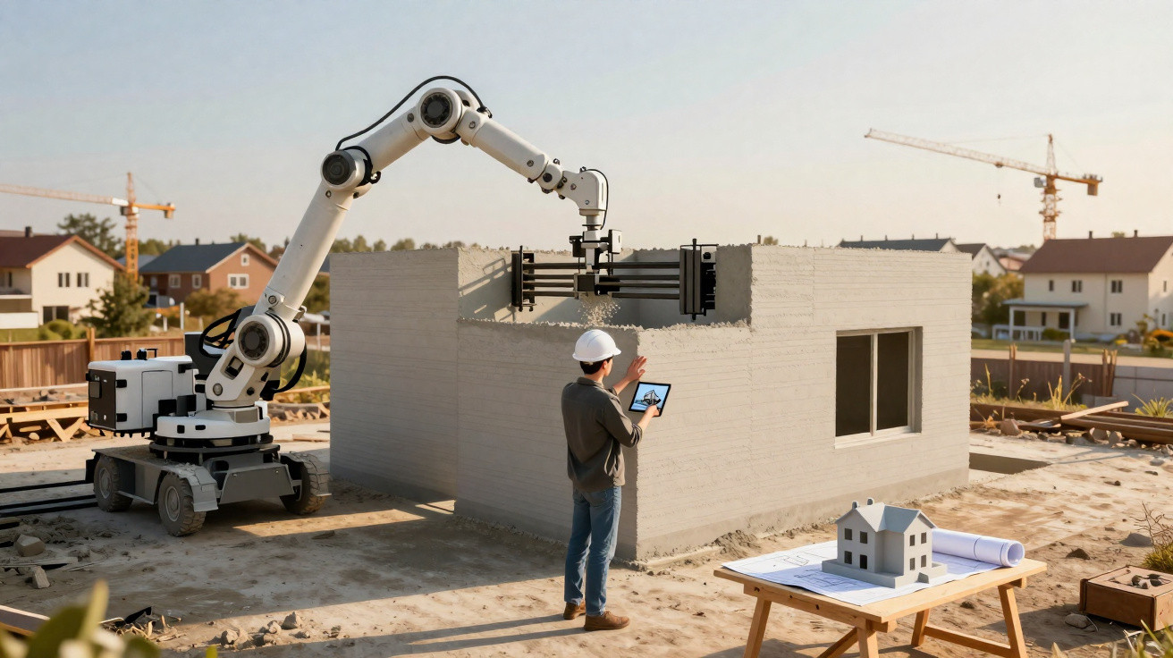 Robô 3D imprimindo casa enquanto engenheiro com tablet monitora obra em área residencial.