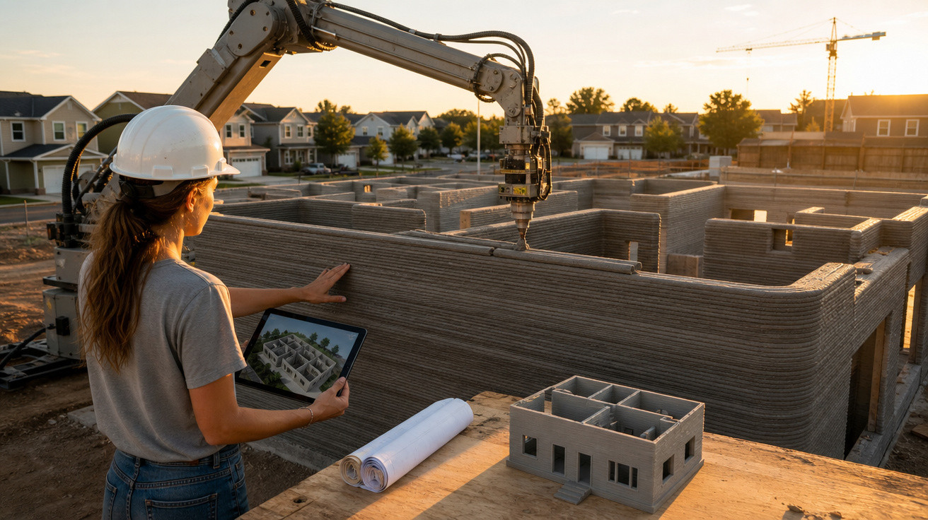 Mulher com capacete observa construção de casa impressa em 3D, segurando tablet com planta da obra.