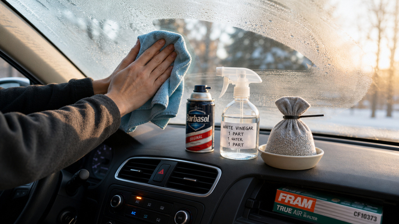 Mãos limpam o vidro interno de um carro com pano azul, perto de spray de vinagre e espuma de barbear.