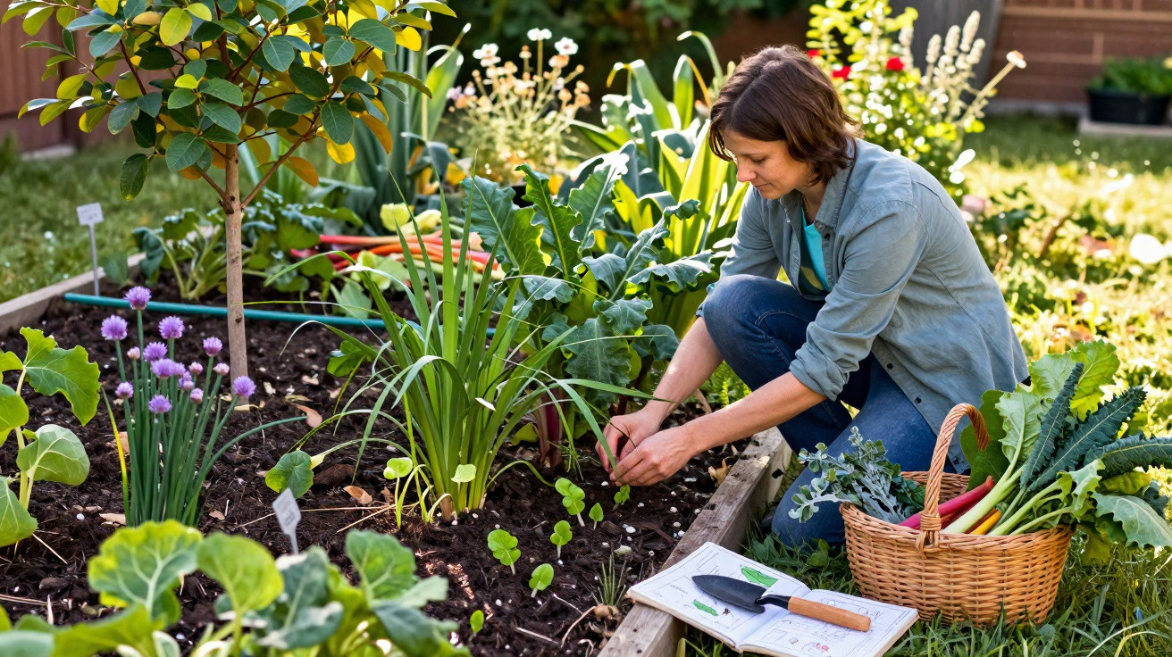 Mulher cuidando de plantas em horta caseira durante o dia com cesta de legumes ao lado.
