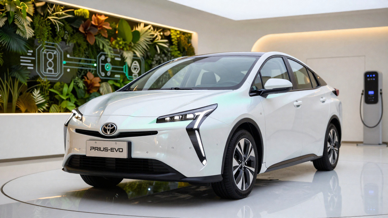 Carro branco Toyota Prius-Evo elétrico exposto em ambiente moderno com parede verde ao fundo.
