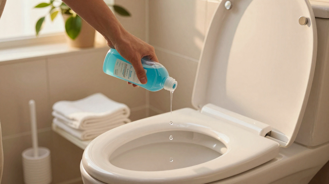 Pessoa despejando produto de limpeza azul no vaso sanitário branco em banheiro iluminado