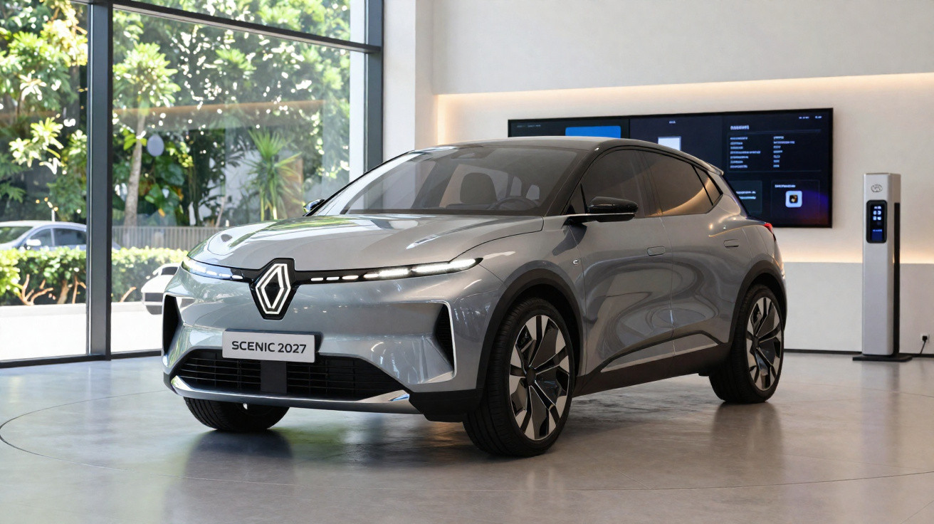 Carro elétrico Renault Scenic 2027 cinza exibido em showroom moderno com janela grande e carregador elétrico.
