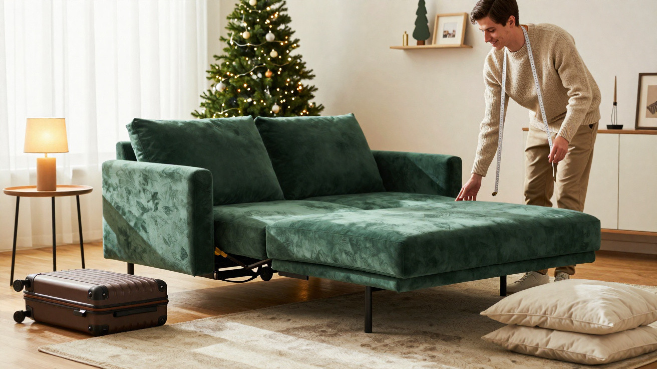 Homem ajusta sofá-cama verde em sala com árvore de Natal decorada ao fundo.
