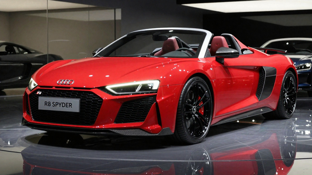 Carro esportivo Audi R8 Spyder vermelho conversível em exposição com rodas pretas brilhantes.