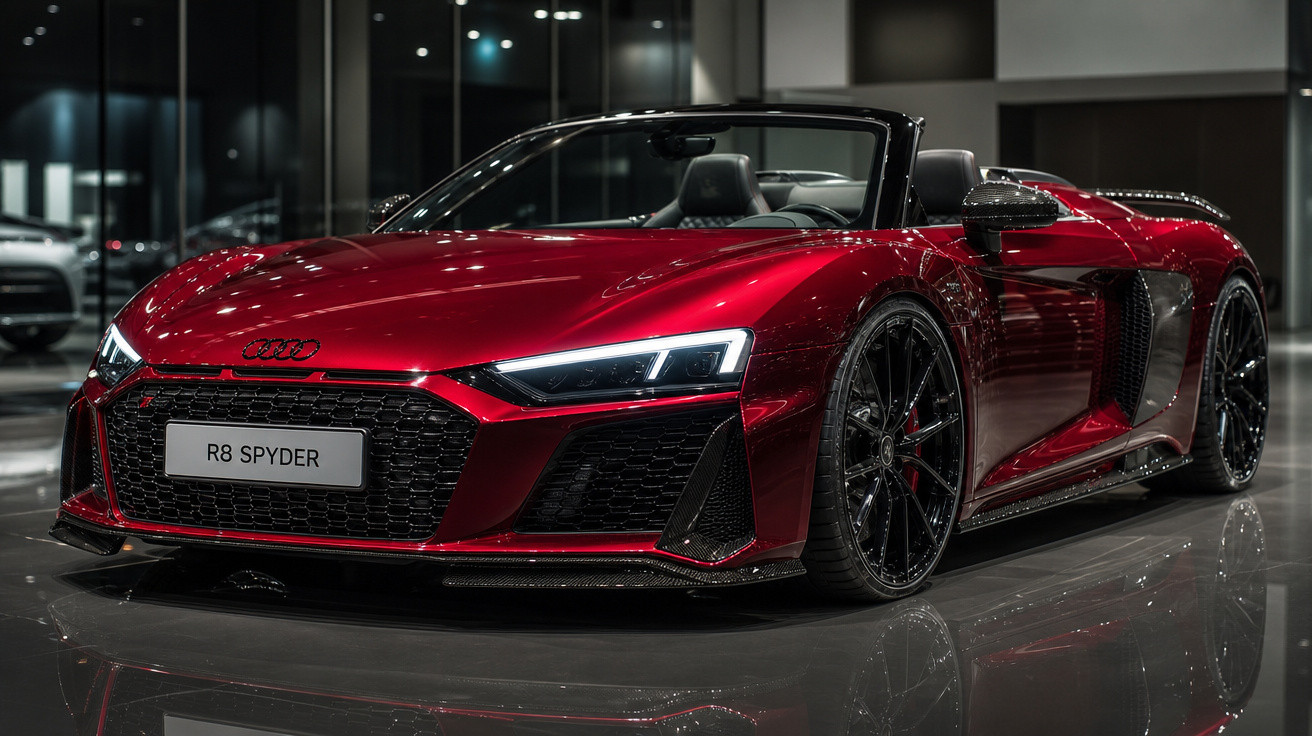Carro esportivo Audi R8 Spyder conversível vermelho exibido em showroom moderno e iluminado.
