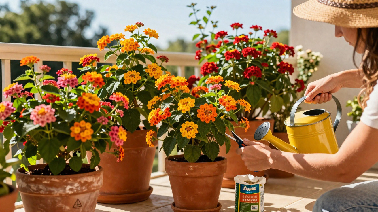 Pessoa cuidando de flores coloridas em vasos de barro com regador amarelo em varanda ensolarada.