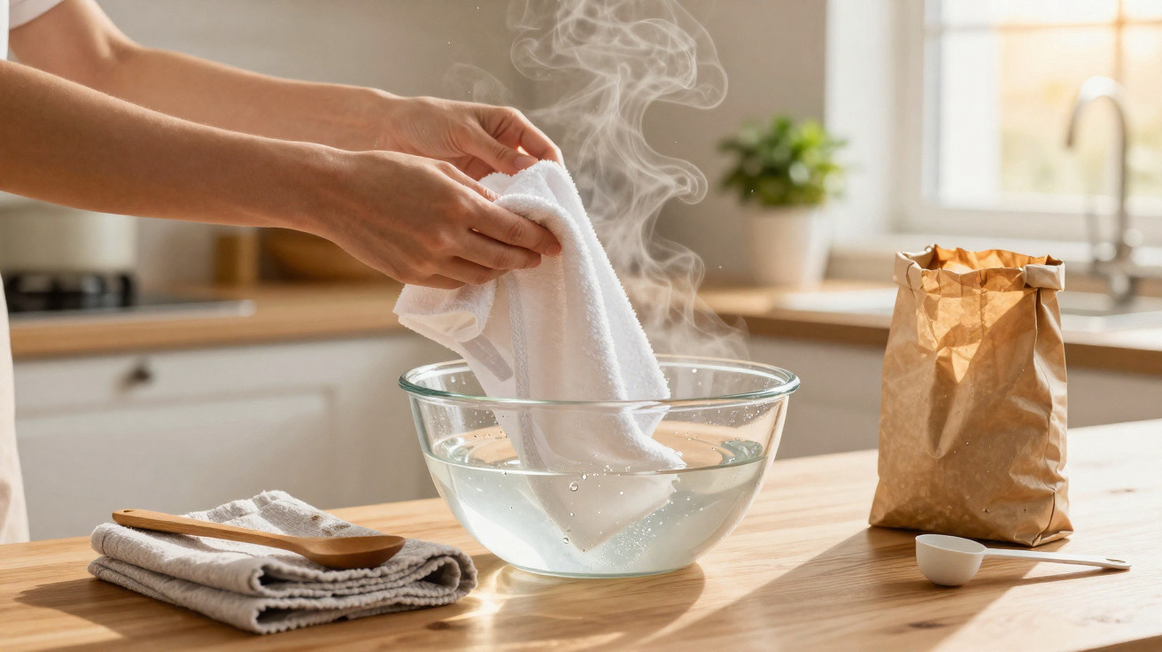 Mãos mergulhando um pano branco em uma tigela de vidro com água quente, em uma cozinha iluminada.
