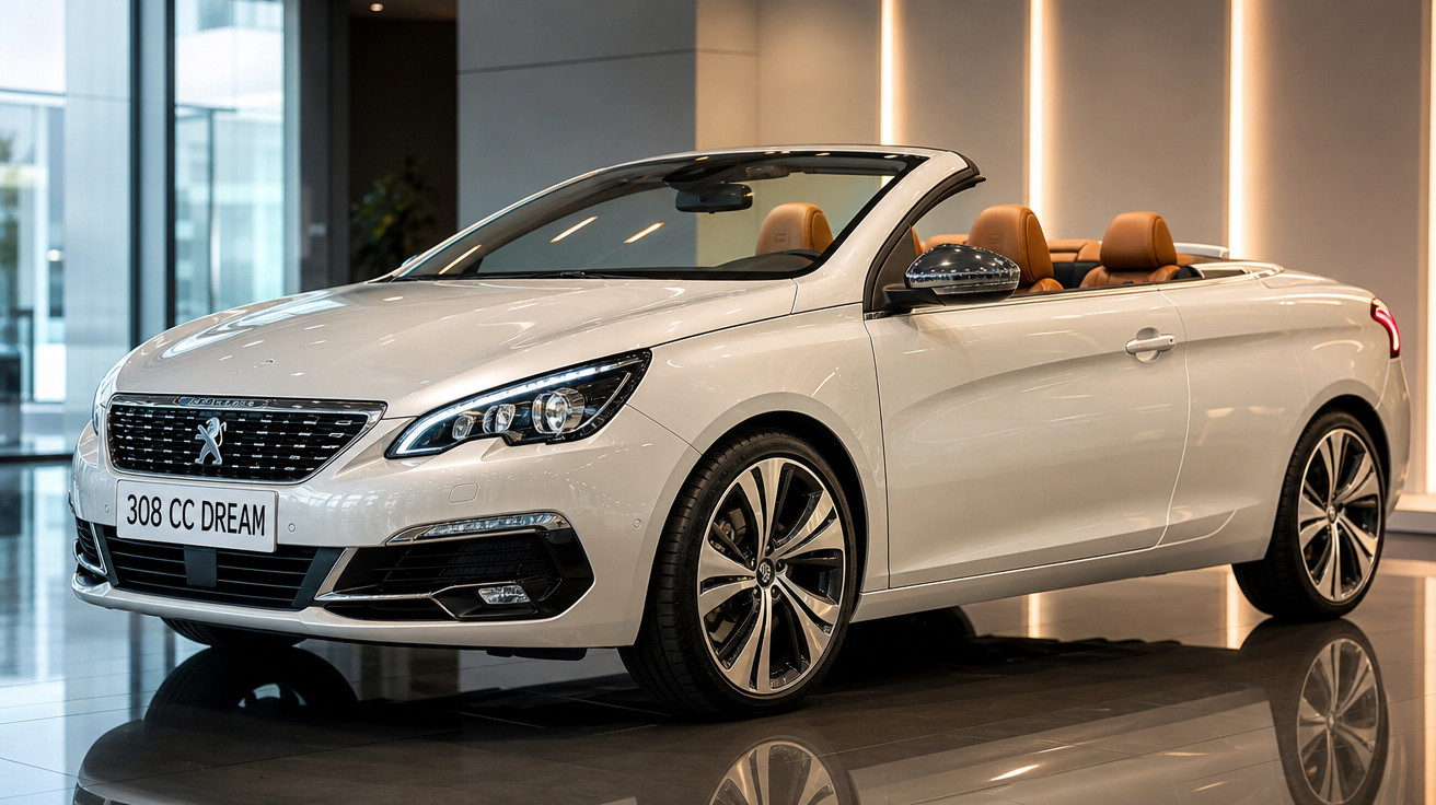 Carro conversível Peugeot 308 CC branco com interior marrom em ambiente interno iluminado.