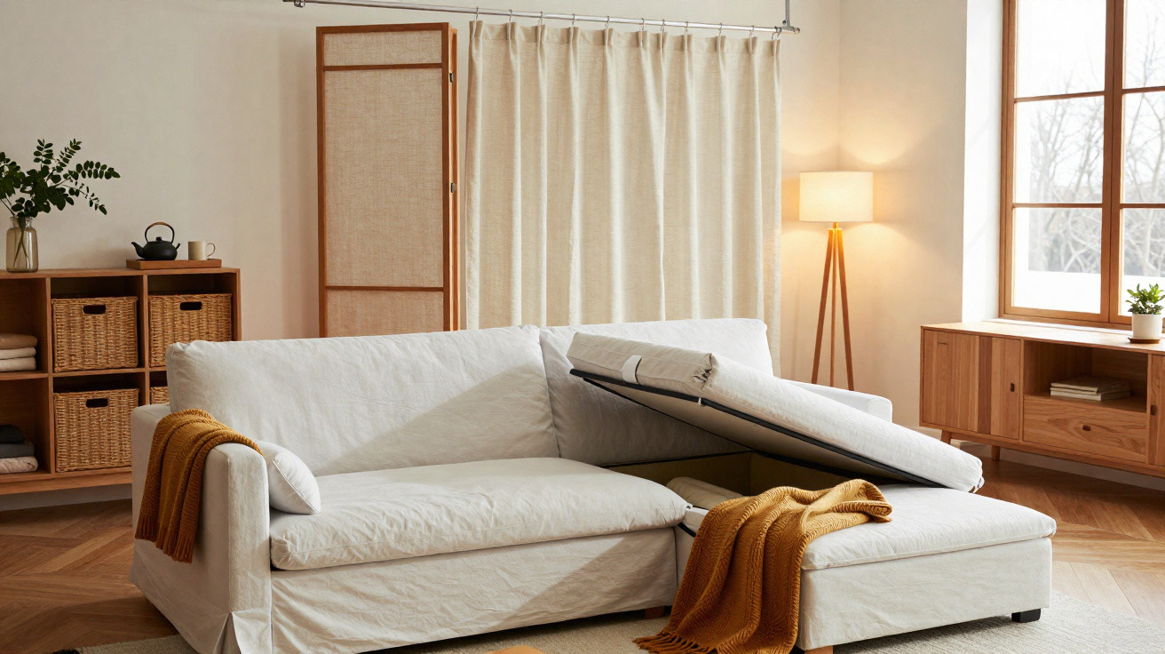 Sala de estar com sofá branco retrátil aberto e mantas amarelas, decoração clean e iluminação natural.