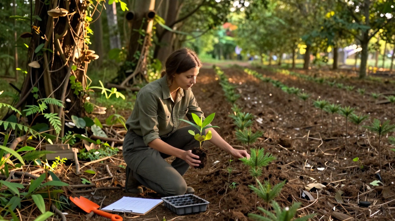 Mulher plantando muda em área arborizada, com pá laranja e prancheta ao lado no chão.