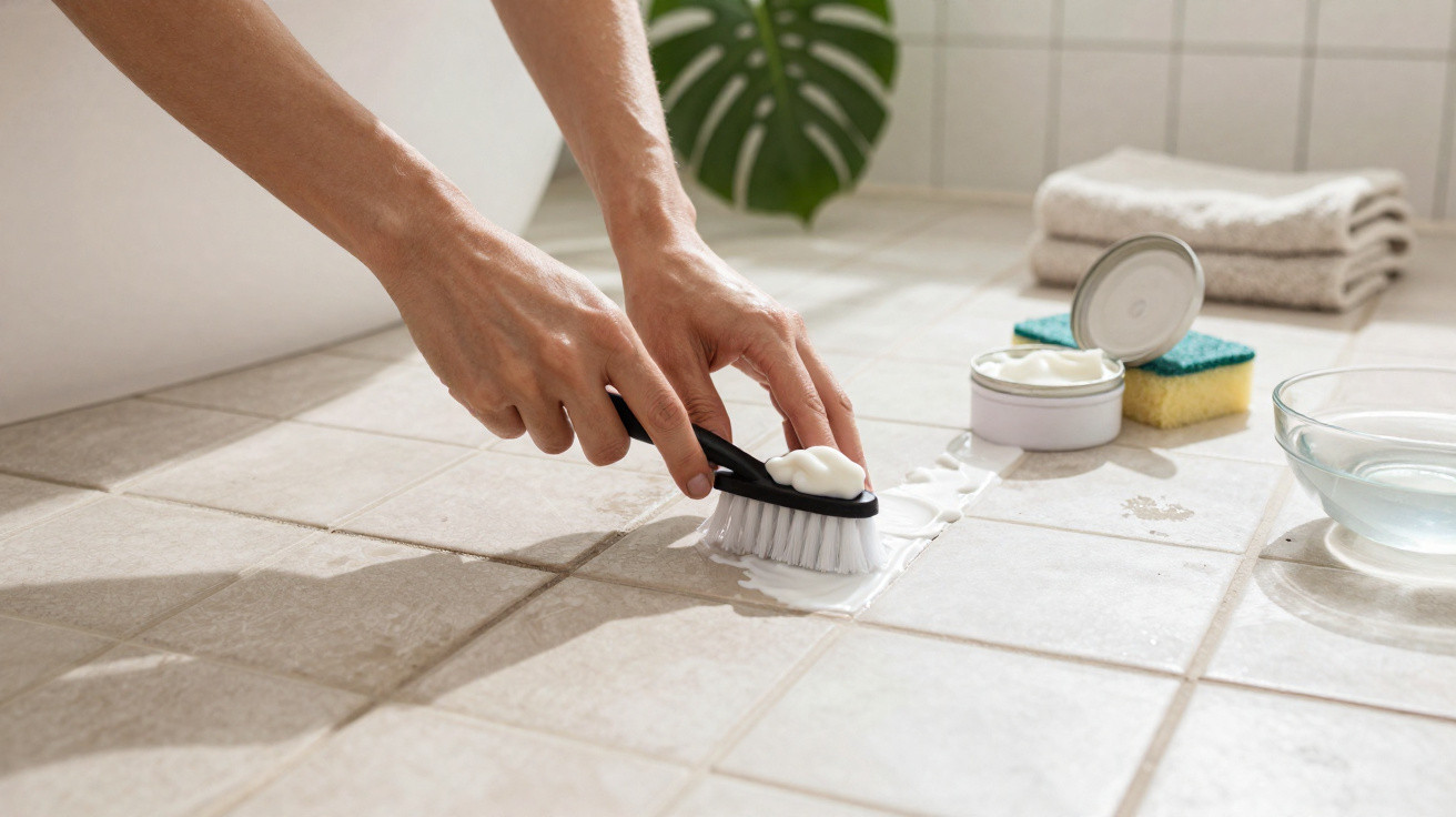 Mãos limpando rejunte de piso de azulejo com escova, produtos de limpeza e pano ao fundo.
