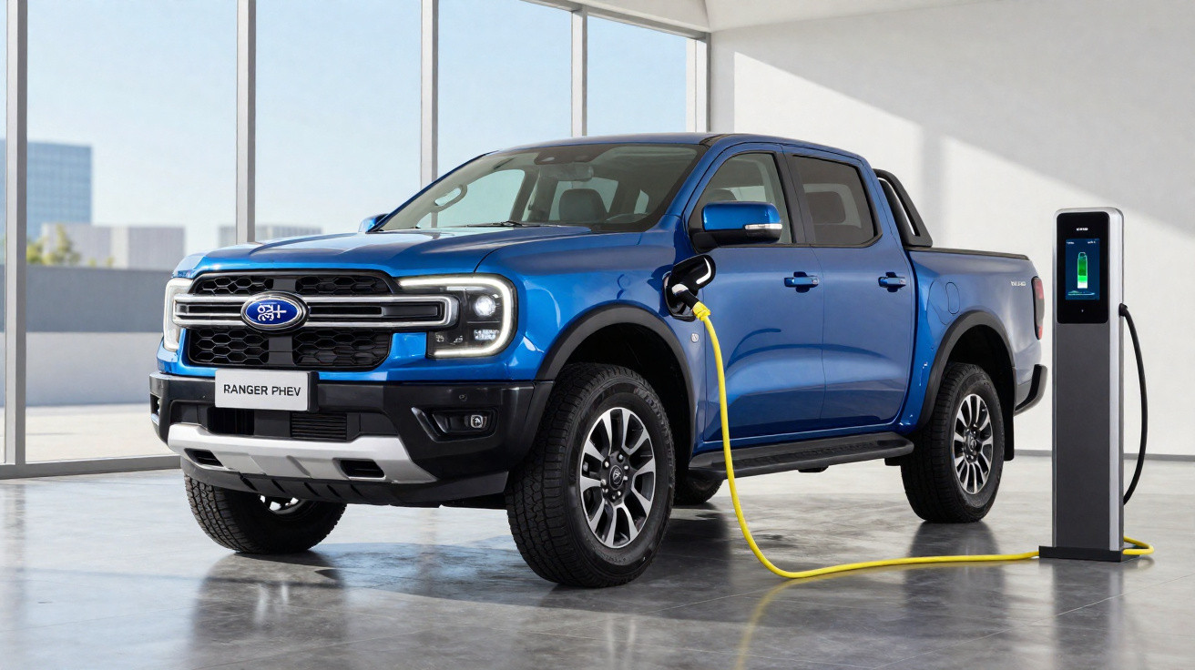 Picape elétrica azul modelo Ranger PHEV conectada a estação de recarga em ambiente interno.