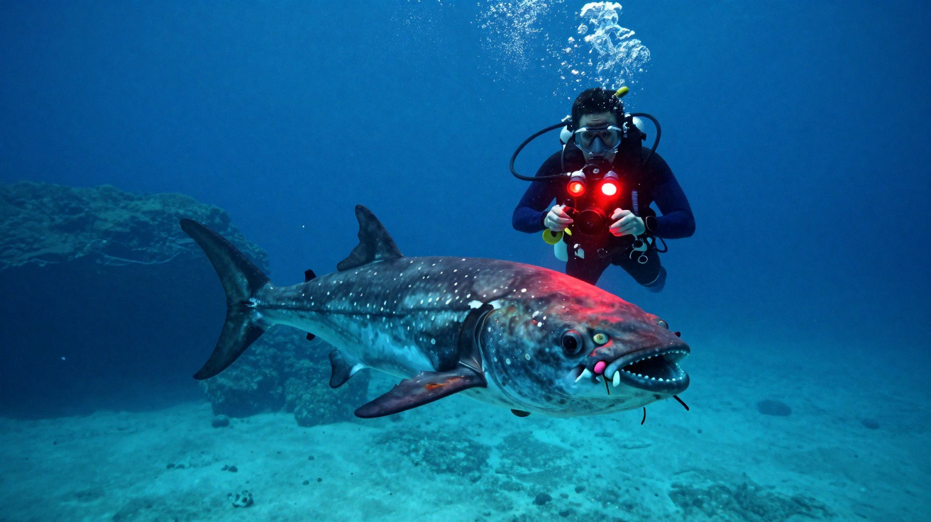 Mergulhador fotografa peixe grande com luzes vermelhas no fundo oceânico azul.