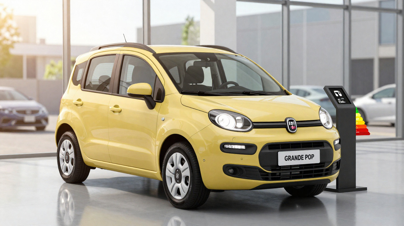 Carro amarelo Fiat Grande Pop estacionado em showroom moderno com fachada de vidro.