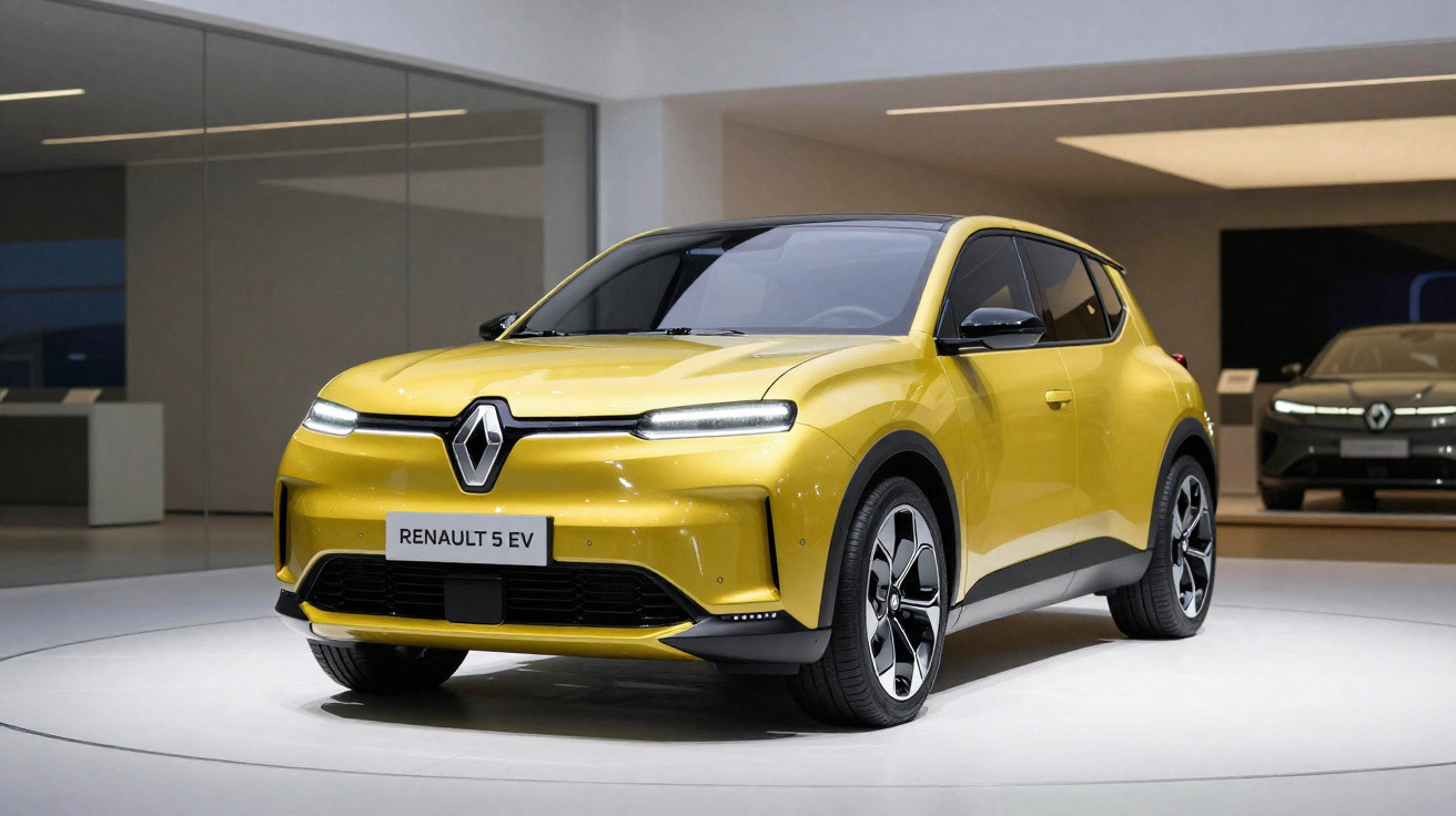 Renault 5 EV amarelo exposto em ambiente interno moderno, demonstrando design compacto e futurista.