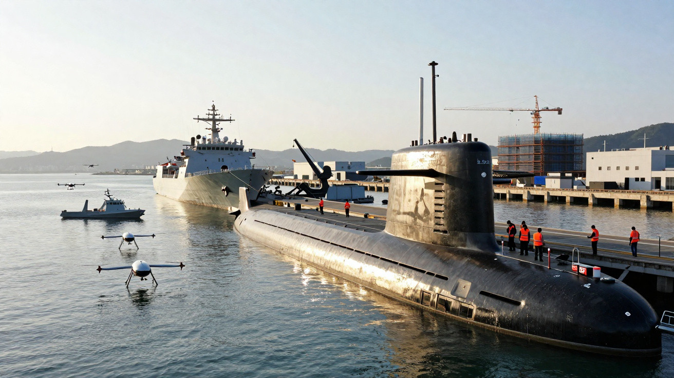 Submarino preto e navio militar em porto com equipe e drones na água ao lado.