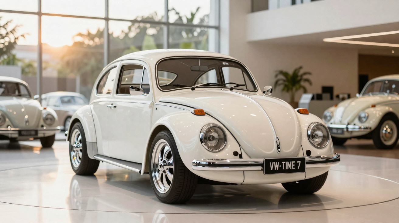 Carro clássico Fusca branco em exposição com luz natural e outros Fuscas ao fundo.