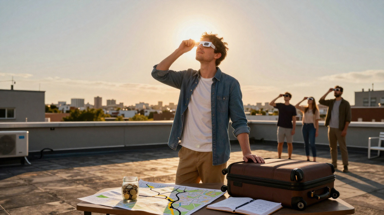 Grupo observa eclipse solar no terraço, com mapas, caderno e mala sobre mesa.