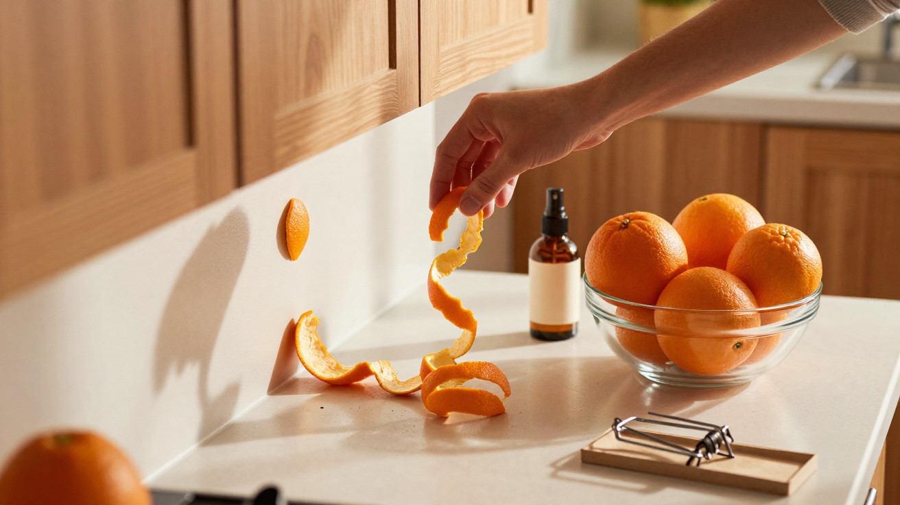 Mão segurando casca de laranja sobre bancada com tigela de laranjas e utensílio de cozinha.